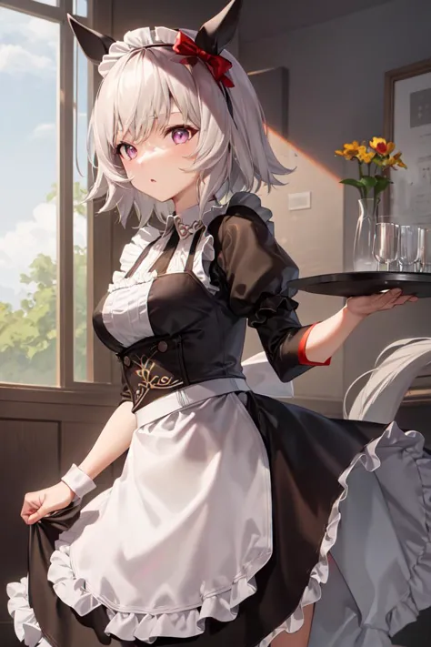 anime maid with a tray of food in her hand