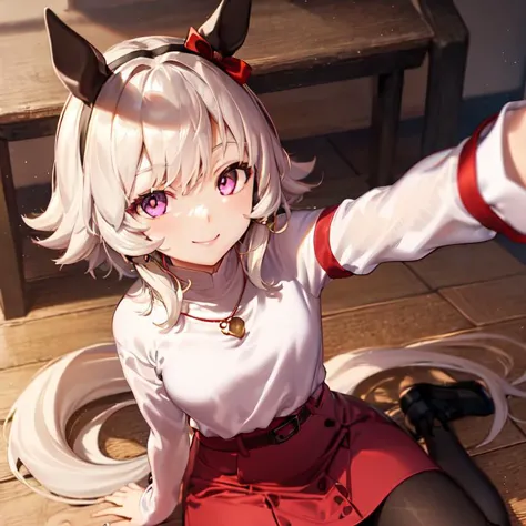 anime girl with white hair and red skirt sitting on the floor