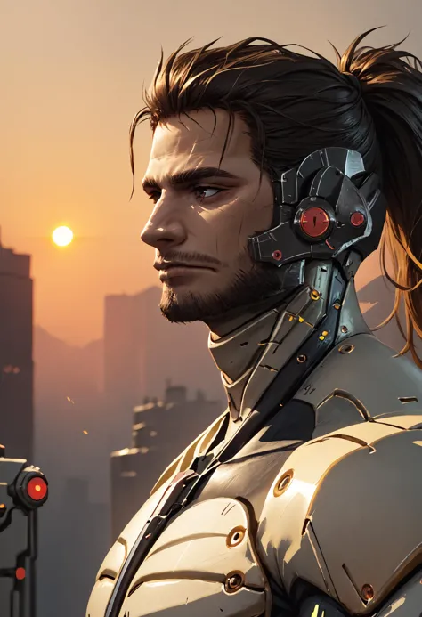 score_9, score_8_up, score_7_up, score_6_up, detailed, realistic, 1boy, <lora:JetstreamSam_XLPD:0.75> JetstreamSam, cyborg, bodysuit, headgear, beard, from side, close-up, closed mouth, sunset, horizon,