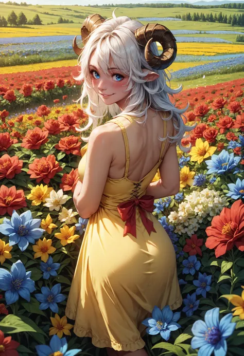 blond haired girl in yellow dress standing in a field of flowers