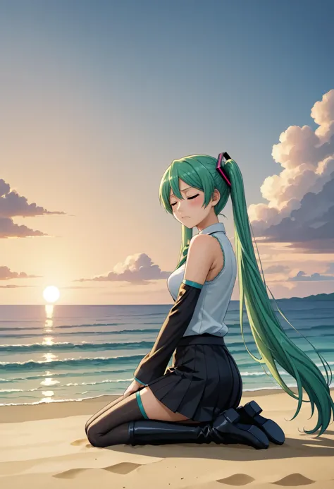 anime girl sitting on the beach with her legs crossed