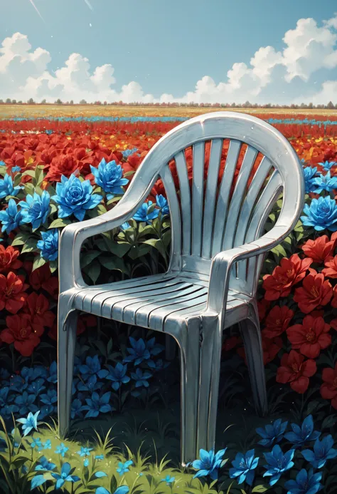 there is a white plastic chair sitting in a field of flowers