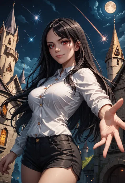 score_9, score_8_up, score_7_up, score_6_up, detailed, 1girl, solo, black hair, long hair, red eyes, shirt, white shirt, shorts, short shorts, black shorts, <lora:Beckoning_XLPD:1.2>, beckoning, cloud, moon, Hogwarts, castle hill, night sky, stand on street, shooting star, strong pose, looking at viewer, seductive smile, reaching towards viewer, closed mouth,