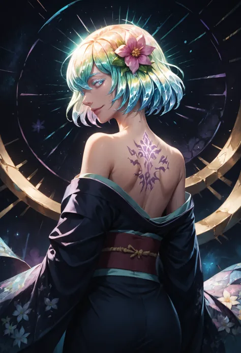 a woman with a tattoo on her back and a flower in her hair