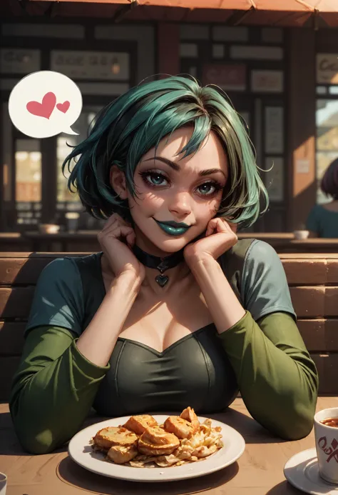 anime girl with green hair sitting at a table with a plate of food