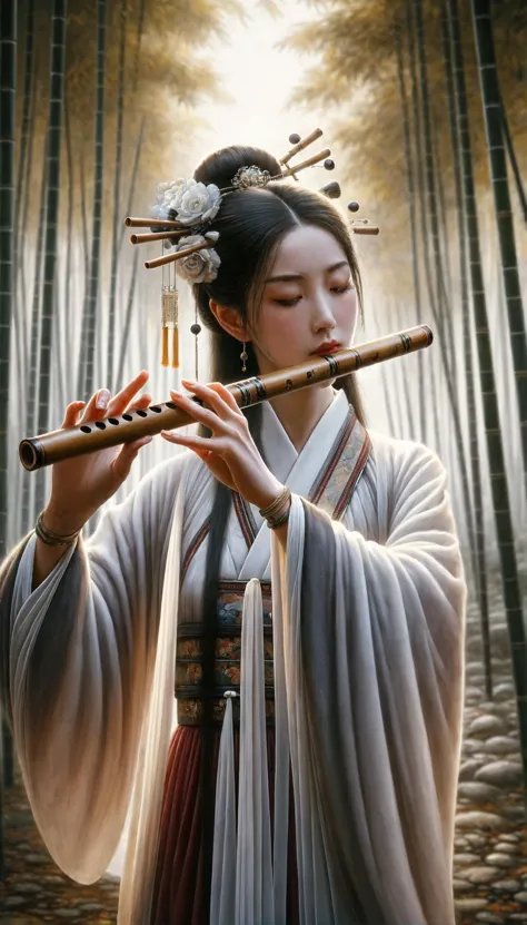 A hyper-realistic full-body portrait of a Chinese woman in ancient Hanfu attire,depicted with an emphasis on realism. She is act...
