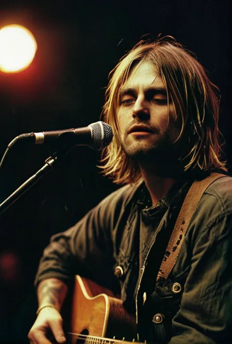 arafed man with a guitar and a microphone in front of a microphone