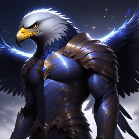 a close up of a bald eagle with a blue and gold outfit