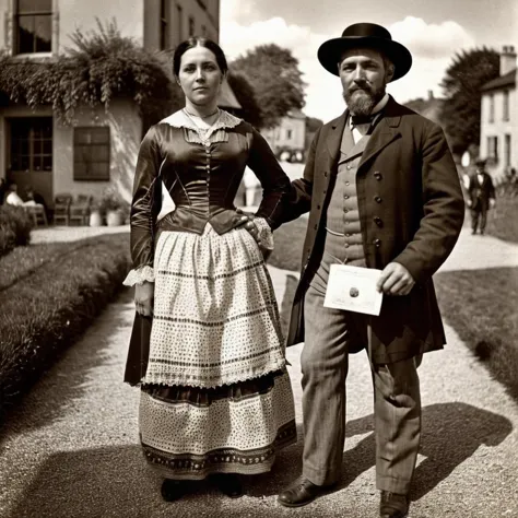 there is a man and woman standing in a garden with a book