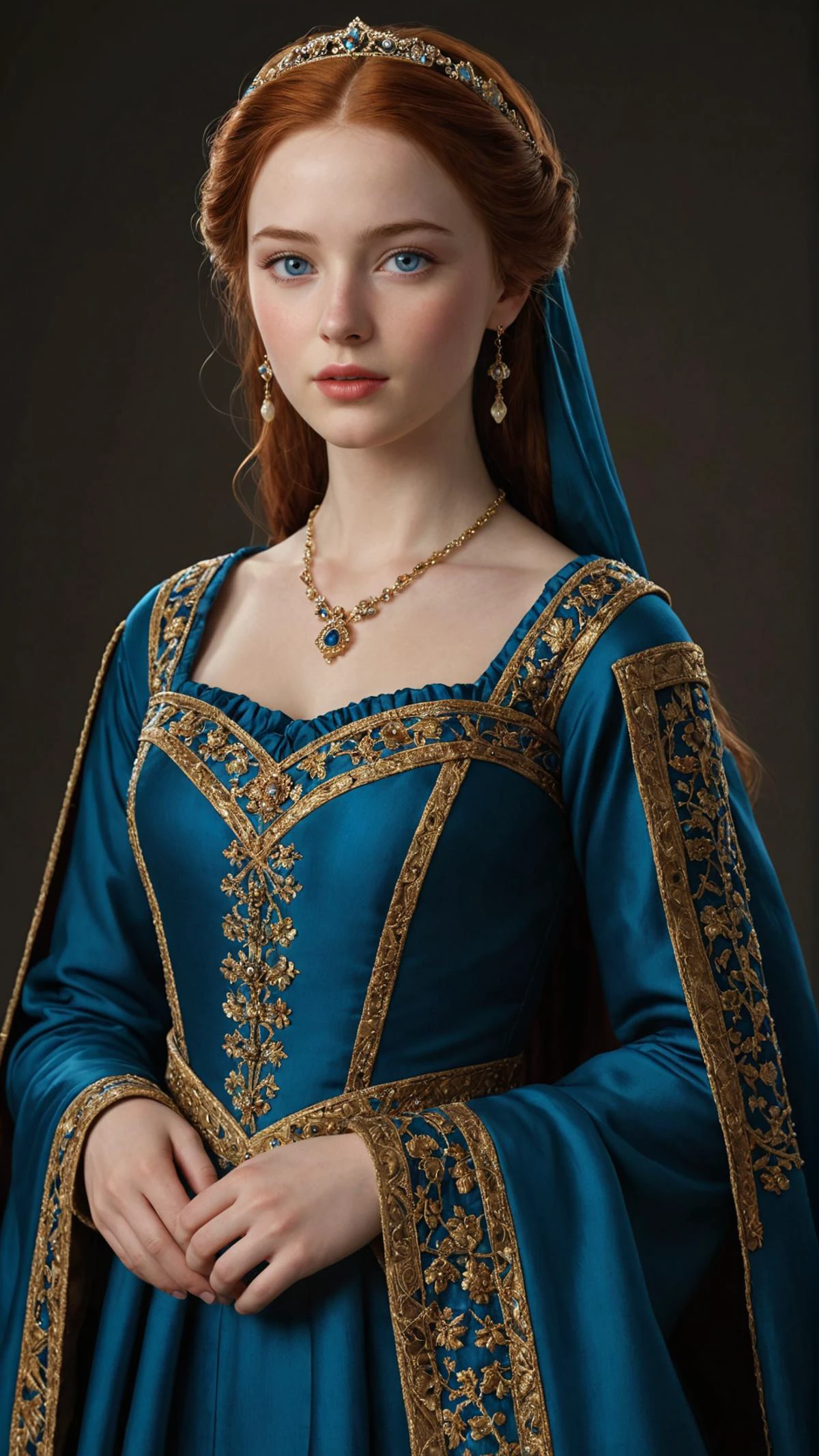 full body,A hyper-realistic digital illustration of a young woman,18 years old,with an enhanced sense of realism. She has pale skin,bright blue eyes,full lips,and high cheekbones,with full auburn hair styled in an early medieval fashion. Her dress is a luxurious early medieval garment made of blue silk and richly decorated with precious brocade,captured in exquisite detail to emphasize texture and fabric realism. The image aims to reflect her noble and regal demeanor with a more life-like appearance,maintaining a 9:16 aspect ratio to highlight her stature,
