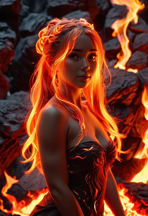 cinematic photo (fire_hair:1.9), 1woman, fire waifu, fire made tube dress, inside lava pool (relaxed), red eyes, cute eyes, lava flowing from her hands, full shoot shoot, realistic, professional photography,  <lora:xl-shanbailing-1003fire:1> fire element, composed of fire elements <lora:glowing_hair:0.7> hrglw, <lora:long_hair:1>, Canon50, long length hair to hip, high  <lora:add-detail-xl:1>, ponytail, wisps hair, (Raytracing), (real lighting:1.2), (realistic lighting:1.5), (real ilumination:1.2), (realistic ilumination:1.5), (shadows:1.2),(real shadows), (atmospheric light:1.2), 35mm photograph, film, bokeh, professional, 4k, highly detailed