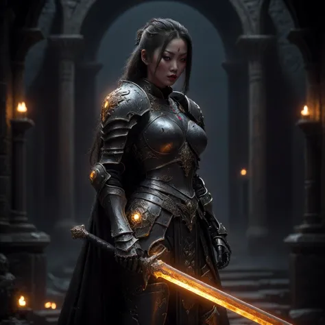 a woman in armor holding a sword in a dark room