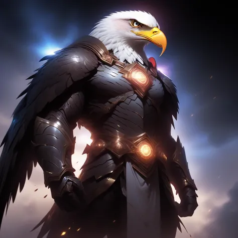 a close up of a bald eagle with a light on its chest