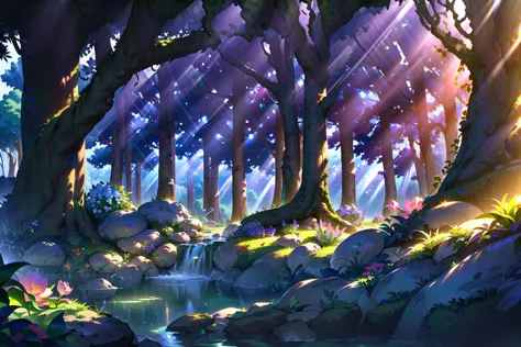 Game illustration, nature, forest, tree, scenery, bug, no humans, outdoors, butterfly, sunlight, water, light rays, flower, gras...