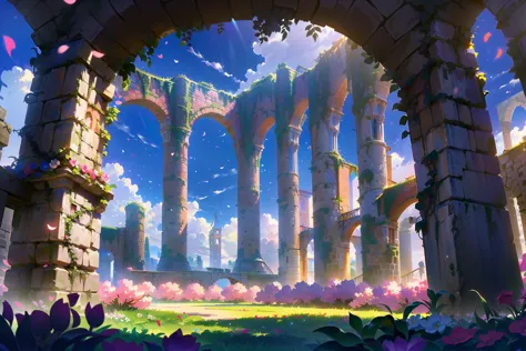 Game illustration, scenery, sky, no humans, cloud, day, arch, flower, petals, outdoors, pillar, fantasy, blue sky, ruins, building, vines 