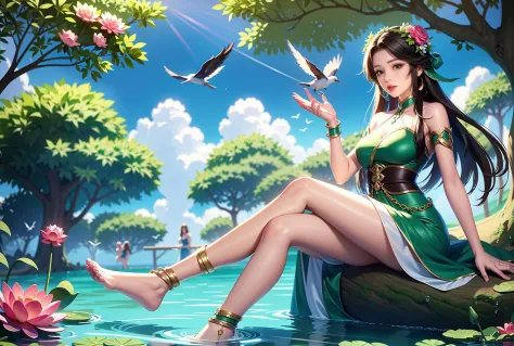 game illustration, bird, 1 girl, flower, hair accessory, water, sitting, cross legs, green dress, dress, anklet, barefoot, lotus...