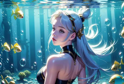 Game illustration, 1 girl, fish, white hair, hair ornaments, underwater, long hair, bubbles, looking at the audience, solo, uppe...