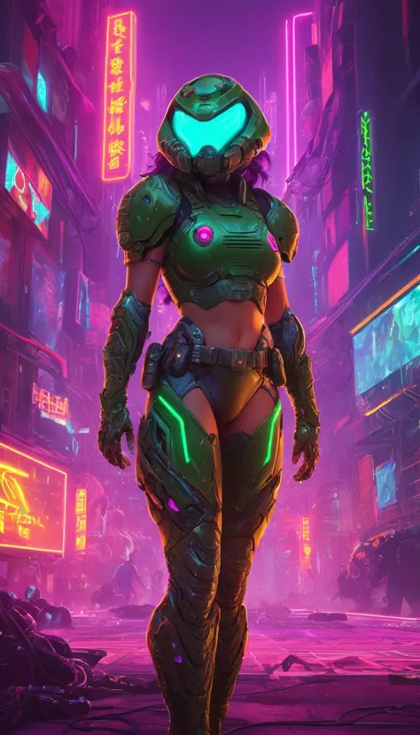 arte conceptual Mujer Doomguy, reimagined in a ciberpunk universe, colorful ciberpunk surroundings, ciberpunk, ciberpunk outfit, ciberpunk art style, luces de neón multicolores brillantes, escena cinematográfica, antecedentes detallados, ojos penetrantes, obra maestra, mejor calidad, alta calidad, Intrincado, ultra detallado, alta resolución, absurdos, resolución de 16K . Obras de arte digitales, ilustrativo, pictórico, pintura mate, muy detallado