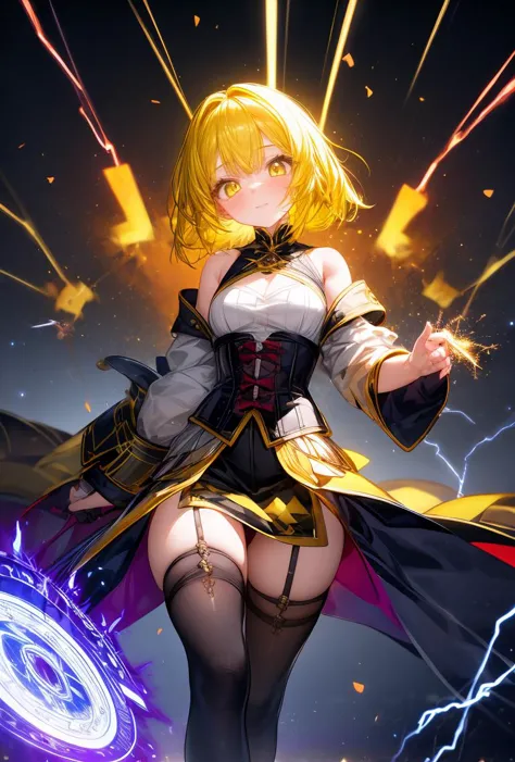 (masterpiece, best quality), 1girl, yellow hair, sparks hair, yellow eyes, electricity sparks, thunder blade, yellow magic circl...