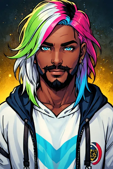 a man with colorful hair and a beard wearing a hoodie