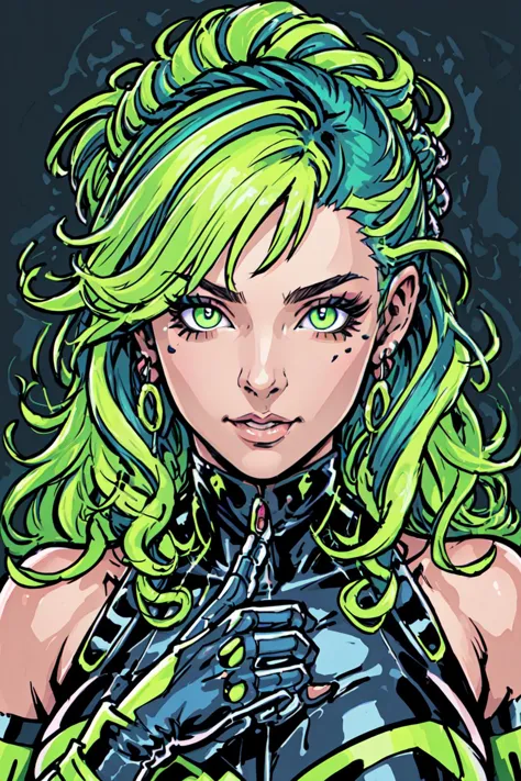 a drawing of a woman with green hair and a green wig