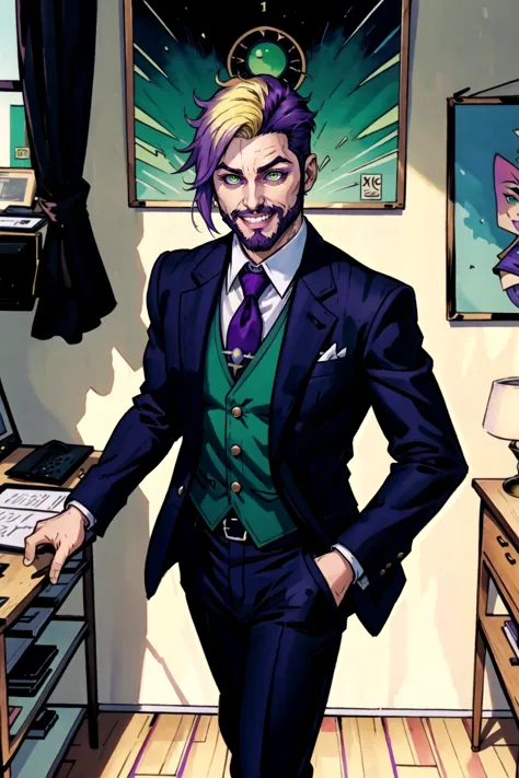 1boy, male focus, solo, facial hair, necktie, smile, beard, grin, gradient hair, multicolored hair, blonde hair, purple hair, green hair, purple eyes, green eyes, heterochromia, formal, looking at viewer, prison clothes, striped suit, suit, indoors, office building, in the style of corporate punk, extremely detailed, by Artgerm and Terry Dodson, award winning movie poster, in the style of Beetlejuice, because fuck corporations, oh and genocide is evil