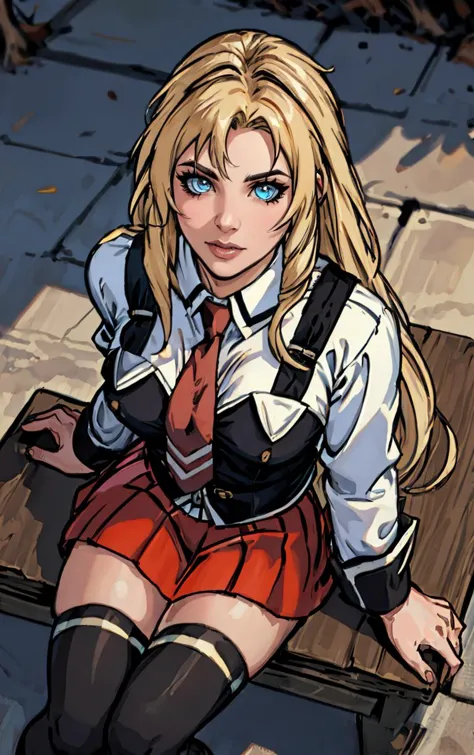 ((masterpiece, best quality)), insaneres, absurdres, solo, outdoors,
CLOTHING_BibleBlack_SchoolDress_ownwaifu, 
1girl, blonde hair,  long hair, blue eyes, 
black vest, red skirt, white shirt, collared shirt, suspenders, school uniform, black thighhighs, zettai ryouiki, necktie, long sleeves, pleated skirt, red necktie, 
(from above, sitting)<lora:CLOTHING_BibleBlack_SchoolDress_ownwaifu:0.9>,
lens flare, depth of field, bokeh, embers, vanishing point, looking at viewer,