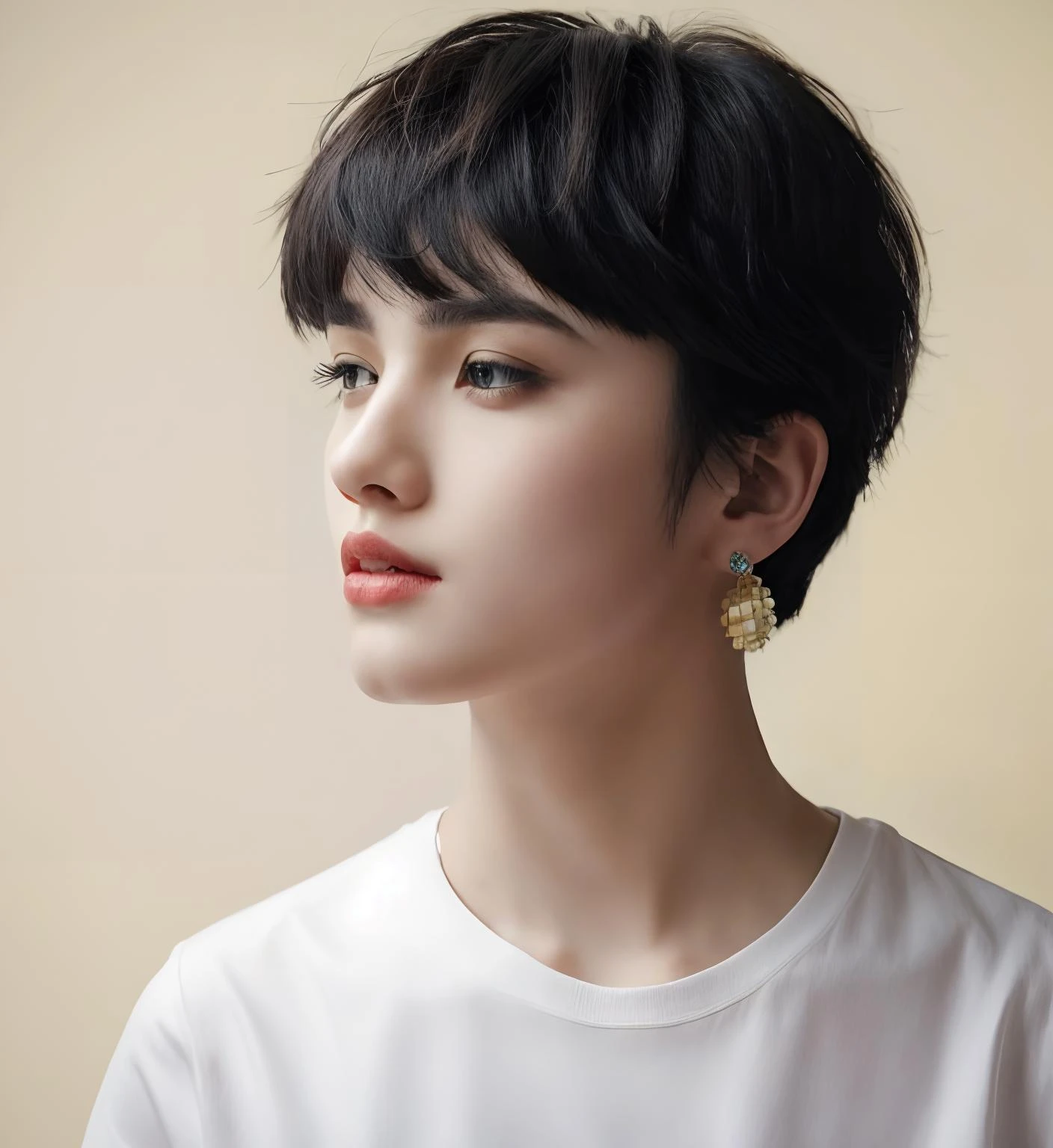 1girl, solo, looking at viewer, short hair, shirt, black hair, jewelry, white shirt, earrings, mole, black eyes, lips, ring
