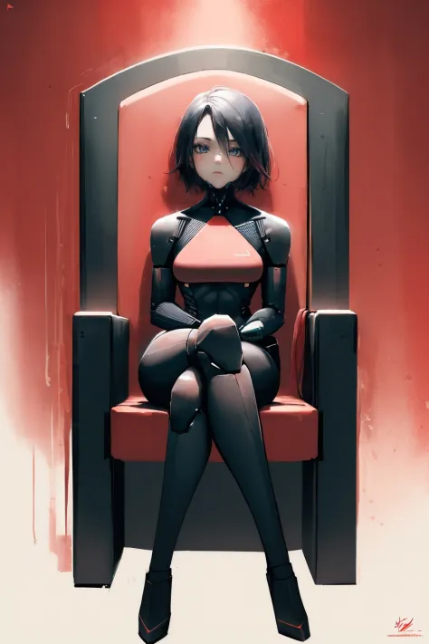 (masterpiece, best quality:1.2), red theme, solo, 1girl, elster, cyborg, expressionless, looking at viewer, sitting, crossed leg...
