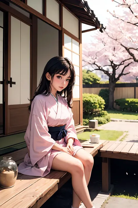 (masterpiece, best quality), 1girl, 22 years old,   <lora:veranda_v0.1:1> veranda, sitting,  japanese clothes, tabi, cherry blos...
