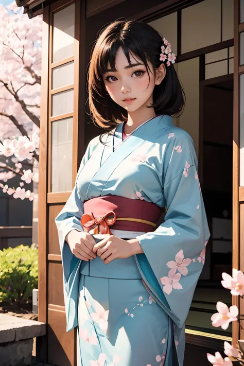 (masterpiece, best quality), 1girl, 22 years old,   <lora:veranda_v0.1:1> veranda,  japanese clothes, tabi, cherry blossoms,