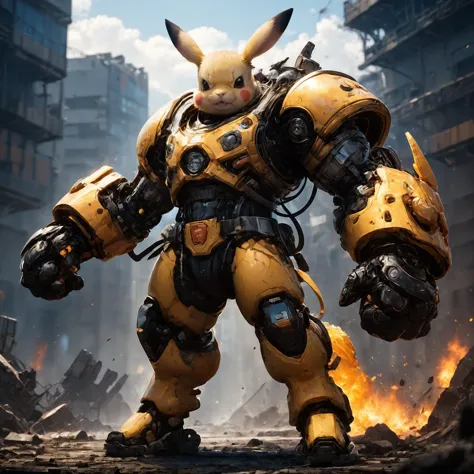 amazing quality, masterpiece, best quality, hyper detailed, ultra detailed, UHD, HDR, DOF, depth of field, perfect anatomy, sci-fi,
(Picachu:1.1), (yellow hybrid orange) giant mechanical arms, fighting stance, fist, hand up, angry,
glowing, shine, dazzling, war, explosion in background, flame in background, outstretched arm, outstretched hand, 
<lora:cfc-giant-mechanical-arms:0.8>,
<lora:add-detail-xl:0.75>, 
<lora:EnvyBetterHiresFixXL01:1.0>, 
<lora:extremely_detailed:1.0>, extremely detailed,