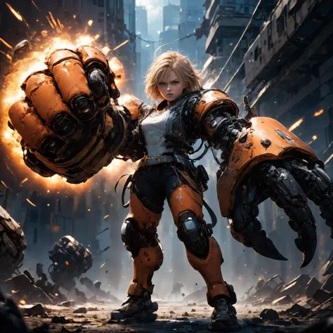 amazing quality, masterpiece, best quality, hyper detailed, ultra detailed, UHD, HDR, DOF, depth of field, perfect anatomy, sci-fi,
1 girl, blond hair, (orange) giant mechanical arms, fighting stance, hand up, angry,
glowing, shine, dazzling, war, explosion in background, outstretched arm, outstretched hand,
<lora:cfc-giant-mechanical-arms:0.8>,
<lora:add-detail-xl:0.75>,
<lora:EnvyBetterHiresFixXL01:1.0>,
<lora:extremely_detailed:1.0>, extremely detailed,