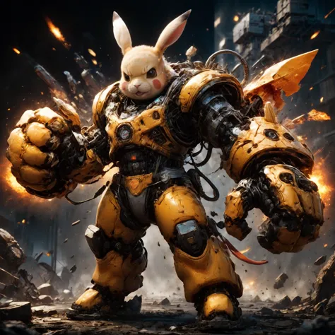 amazing quality, masterpiece, best quality, hyper detailed, ultra detailed, UHD, HDR, DOF, depth of field, perfect anatomy, sci-fi,
Picachu, (yellow hybrid orange) giant mechanical arms, fighting stance, fist, hand up, angry,
glowing, shine, dazzling, war, explosion in background, flame in background, 
<lora:cfc-giant-mechanical-arms:0.75>,
<lora:ral-vlntxplzn:0.75>, ral-vlntxplzn,
<lora:add-detail-xl:0.75>, 
<lora:EnvyBetterHiresFixXL01:1.0>, 
<lora:extremely_detailed:1.0>, extremely detailed,