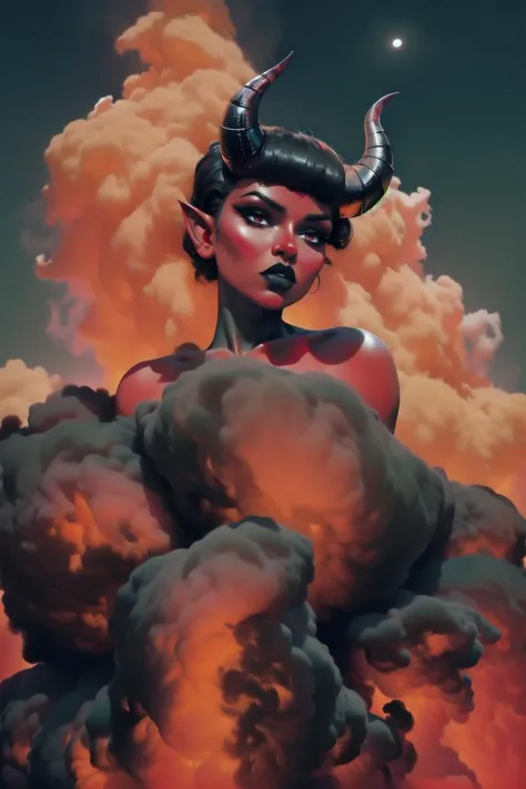 a woman with horns and horns on her head in the clouds