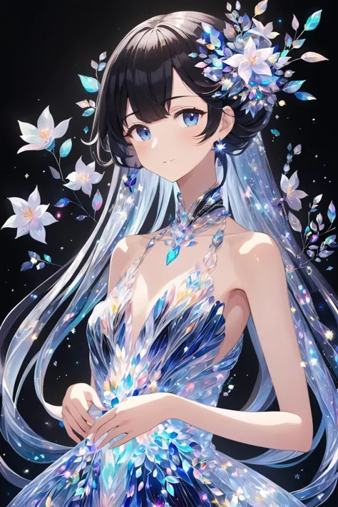 anime art style, a woman in a dress made of opal threads and flowers, black background, waist up shot