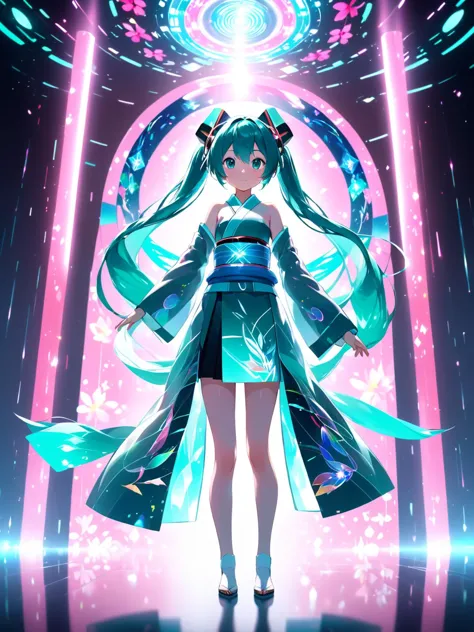 1girl standing in front a holographic portal, Hatsune Miku, kimono, upper body