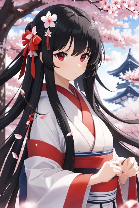 a woman, shrine maiden, black long hair, hair ribbons, red eyes, shrine, sakura petals, breeze