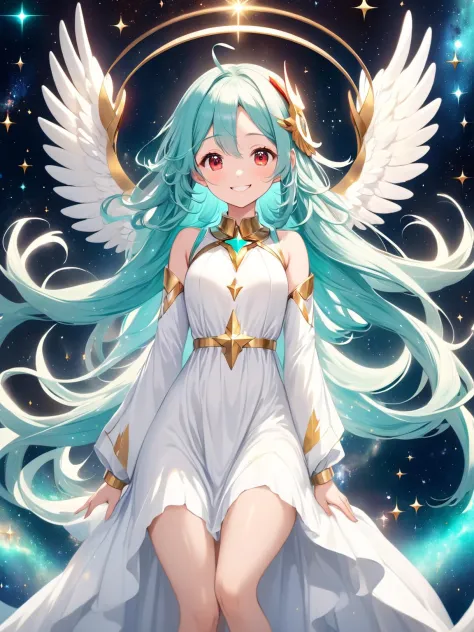 a woman in outer space, white angel wings, white dress, golden halo, red eyes, light smile, long teal hair, upper body, Milky Way in the background, stars in the distance