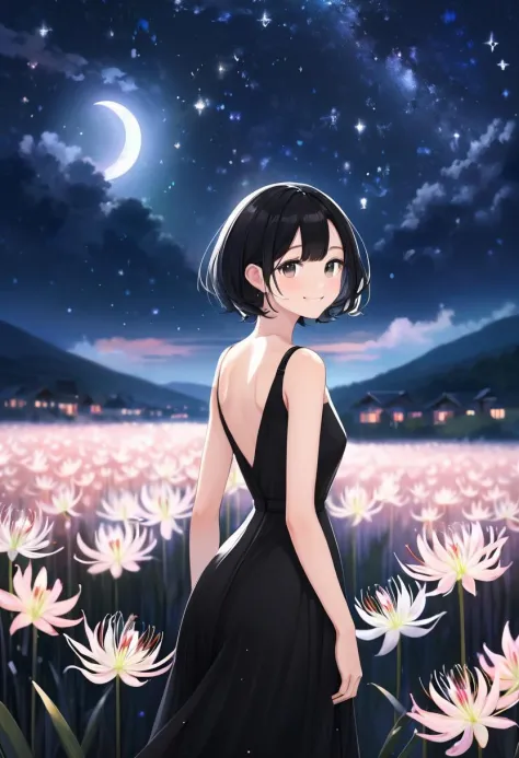 a woman standing in a spider lily field at night, black dress, light smile, moonlit night, starry sky