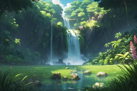 anime art style, rock, outdoors, jungle, nature, forest, trees, grass, detailed grass, tall grass, plants, flowers, rocks, water...