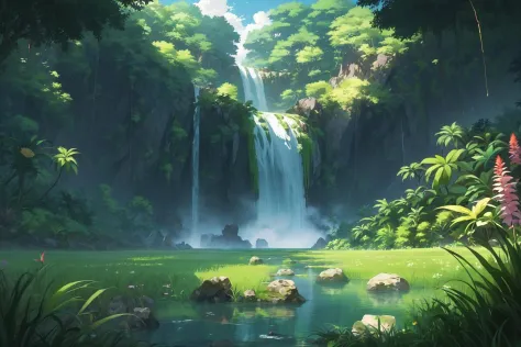 anime art style, rock, outdoors, jungle, nature, forest, trees, grass, detailed grass, tall grass, plants, flowers, rocks, waterfall, water, pond