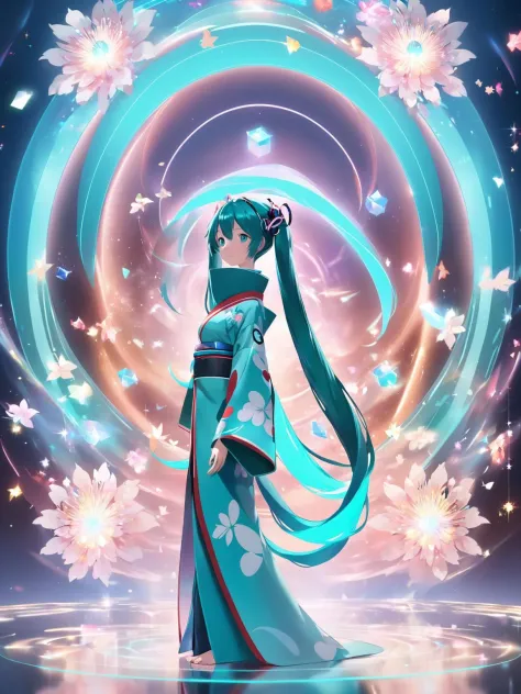 1女孩站在全息门户前, 初音未来, 和服, 上半身