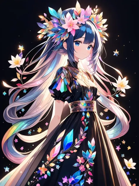 anime art style, a woman in a dress made of bismuth threads and flowers,  black background