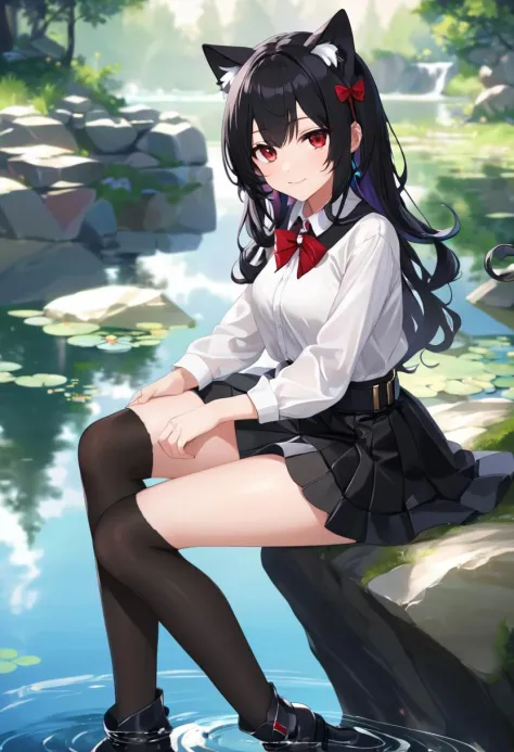 1girl sitting on rock, black hair, cat ears, curled hair, red eyes, looking at viewer, white shirt, black skirt, belt, black bow...