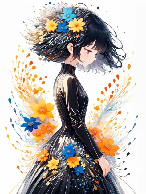 anime art style, a woman in a dress made of ferrofluid threads and flowers, white background