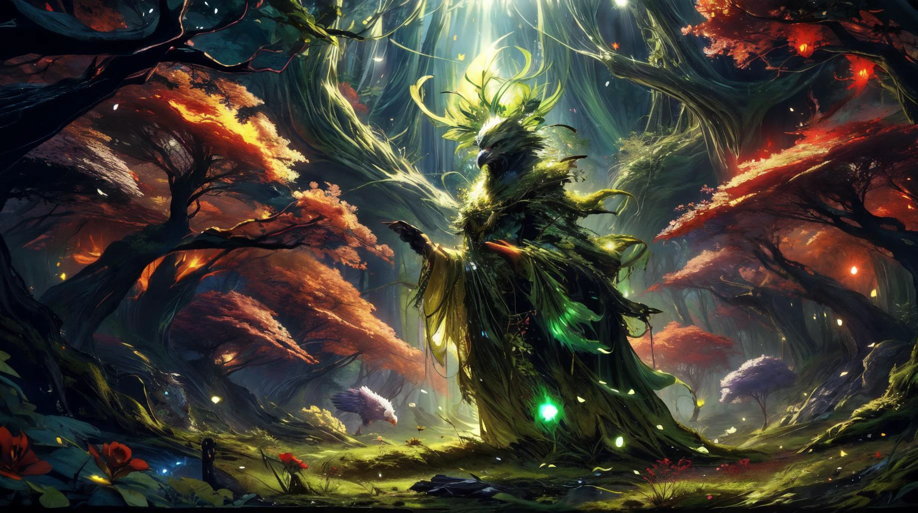 (masterpiece, best quality, fullscreen), [(full body:1.2)::0.2] portrait (photo of a giant vegetal [magical being:vegetal creature:0.6] Slender-arching in a lush forest:1.5), green fire, (Jagged Emitting light skin:1.3), (many Alizarin Crimson Raceme flowers on the head:1.3), (Bear body shape:1), (Eagle head:1.2), (two Flippers:1.4), ovrgrwth, naturemagic, MAGICAL ENERGY, (skeksil:1.1), (Daylight lighting:1.3), (look at the viewer:1.3), , dark theme, (Full body Shot, Shallow Focus Shot, Low Angle Shot:[1.2:0.5:0.1]), heavily detailed, fairytale, , (sharp focus), fakemtg, (no humans), xtremely detailed, artstation, 8k, cave lighting vector behance hd, trending on Artstation, bloom