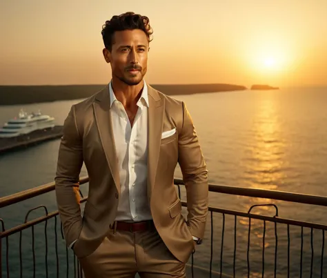 arafed man in a tan suit standing on a balcony overlooking the ocean