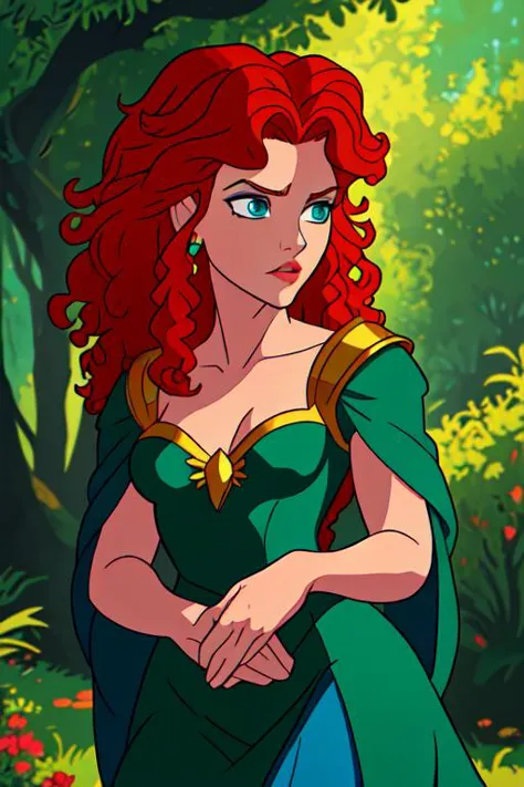 (masterpiece:1.2, best quality:1.2, beautiful, high quality, highres:1.1, aesthetic),
1girl, solo, (merida:1.1), from disney's b...