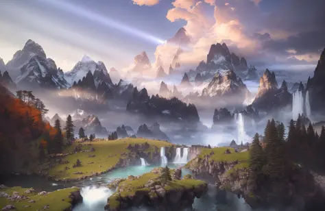 award winning photo of a beautiful landscape with a mountainous horizon, (light rays), ((waterfall)), magnificent, luxury, detailed, sharp focus, low angle, high detail, volumetric, illustration, cold lighting, by jordan grimmer and greg rutkowski, trending on artstation